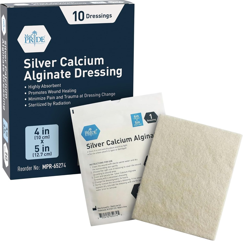 MED PRIDE Silver vápník Alginate Wound Dressing, 10- Balení 124; Vysoce Absorbent, Nonstick, Seaweed, Easy Reval (4 "x 5" Silver)