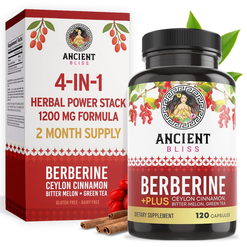 Starověké Bliss Berberine HCL 1200mg s Ceylon Cinnamon, Hořký Melon, a zelený čaj Extract - 120 Kapsle