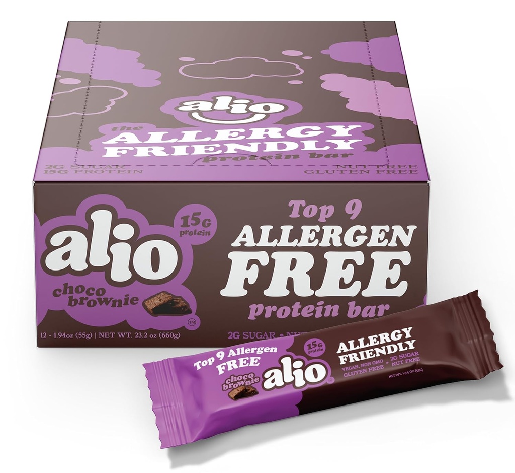 Alio Protein Bars - Choco Brownie (12 Barů) - bez z top 9 potravin alergeny, vysoký protein, Low-Calorie, Vegan, gluten-Free, Non- GMO, Plant- based, Seed Oil Free, Delicious & Zdravý Snack