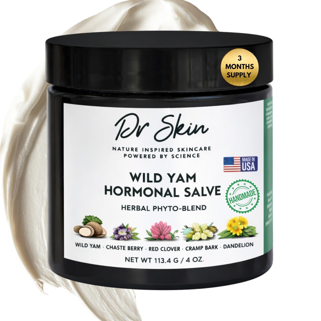 Dr. Skin Wild Yam Cream pro Hormon Balance 4ozs 124; 100% organická přírodní menopauza & Perimenopauza Podpora, Bylinný Yam krém pro ženy PMS, Hot Flashs, Mood Swings, Night Sweats, Cramps Relief