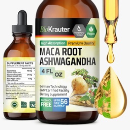 BIO KRAUTER Maca Root a Ashwagandha tinktura - Maca & Ashwagandha Doplňky pro muže a ženy - Adaptogenní tekutý doplněk pro podporu nálady - Alkohol a cukr zdarma Vegan kapky 4 Fl.Oz.