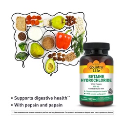 Country Life Betaine Hydrochloride s Pepsin, 600mg, 100 tablet, Certified gluten zdarma