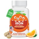Kids Iron 10mg s vitamínem C 50mg Žvýkací tablety - Chutné přírodní ochucené - Vegan, Vegetarián, GMO-Free, Nut Free - Dietní doplněk železa - Krevní formace pro děti - 120 Žvýkačky