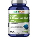 NusaPure Acetyl L- karnitin 750mg na kapslí 150 Veggie Kapsle (Non- GMO, Vegan) High potency Acetyl L Carnitin HCL (ALCAR)