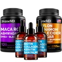 5-in-1 Ceylon Skořice (120ct), 4-in-1 Biotin Kolagen Keratin Saw Palmetto (2 fl oz - 3 Pack) & 6-in-1 Maca Root Ashwagandha (120ct) Bundle - Energy, Mood, Vlasy, kůže a imunitní podpora Dodatek