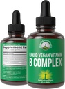 B Komplexní tekuté kapky vegan dodatek. Nejlepší 5 B vitaminy s B3 Niacin, B6, B7 Biotin, B9 Folát, Methylkobalamin B12. B-Complex pro vlasy, kožní nehty, energie. Pro dospělé, muže, ženy