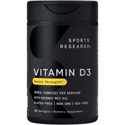 Sports Research Vitamin D3 2000 IU with Coconut MCT Oil - Double Strength Vitamin D Supplement - Non-GMO Verified, Gluten & Soy Free – 50mcg, 360 Liquid Softgels
