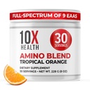 10X Zdravotní aminokyseliny - 30 Servings of EAA & BCAA Powder, Pre Workout BCAA with Essential Amino Acids Supplementary - BCAA & EAA for Longevity, Muscle Support, Force, Energy - Tropical Orange