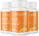 Oslavte vitaminy doplněk železa s vitaminem C - 18mg železa, 36mg vitaminu C, bariatrické vitaminy pro pacienty s WLS, vertikální Sleeve & Gastric Bypass chirurgie - Tangerine, 90 Žvýkací tablety