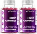 Vitamatic Biotin Gummies 10,000 mcg pro silnější vlasy, kůže a nehty - 60 Vegan Gummies - Také nazývá vitamin B7 (2 láhve)