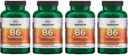 Swanson B6 Pyridoxin - dodatek k vitamínu na podporu kardiovaskulárního zdraví a energetického metabolismu - Natural Formule na podporu celkového wellness - (250 Kapsle, 100mg každý) (4 balení)