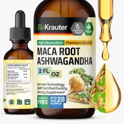 BIO KRAUTER Maca Root and Ashwagandha tinktura - Maca & Ashwagandha Doplňky pro muže a ženy - Tekutý dodatek pro podporu nálady - Alkohol a cukr zdarma - Vegan Drops 2 Fl.Oz.