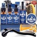 Beard Care Kit pro Men- Nourish Soften Grooming Patchy Beard W / Vitamin Spray, Mustache Oil, Balm, Wash, Boar Bristle Brush, Dřevěný Comb, Nůžky, Valentines Otcové dárky pro muže Táta Ho Manžel Přítel