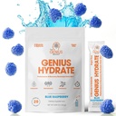 Geniální značka - Genius Hydrate Stick Pack Powder Drink Mix - Blue Raspberry Flavor, Natural Electrolyte Booster s kokosovou vodou a draslíkem pro konečnou hydrataci - 20 Packets