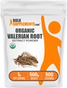 Bulksupplements.com Organic Valerian Extract Powder - Sourced from Valerian Root, Bylinný dodatek - Gluten Free, 1g per Serving, 500g (1,1 lbs) (Balení po 1)