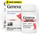 Genexa Kids 'Clean Pain & Fever Acetaminophen Chewables, Barvy zdarma, 0% umělé přísady, Delicious Grape Flavor, Žvýkací medicína pro děti 2- 11, 80 mg na tabletu, 48ct (2 balení)