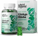 Wild & Organic Gingko Biloba 120mg Gummies - Brain Support and Focus Supplement w / Ginkgo Biloba Extract - Vegan, Non- GMO - 60 Pectin- based Herbal Chewables