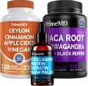 5-in-1 Ceylon Skořice (120ct), 4-in-1 Biotin Kolagen Keratin Saw Palmetto (2 fl oz - 1 Pack) & 6-in-1 Maca Root Ashwagandha (120ct) Bundle - Energy, Mood, Vlasy, kůže a imunitní podpora Dodatek