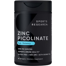 Sports Research Zinc Picolinát 50 mg s organickým kokosovým olejem 124; Vysoce absorbovatelný doplněk zinku pro zdravou imunitní funkci - Non- GMO ověřené, gluten & Soy zdarma (60 Tekuté ponožky)