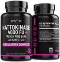 Nattokináza dodatek 4000 FU CoQ10 100mg Francouzský námořní Pine Bark Extract 200mg s enzymy pro cirkulační a kardiovaskulární podporu (Balení 1 při 120- Caps)