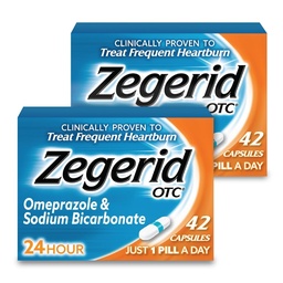 Zegerid OTC, 24- hodinová reliéf od srdečního selhání, acid reflux Medicine and Antacid, Treats Frequent Heartburn, Omeprazol 20mg + sodná sůl bikarbonát, inhibitor protonové pumpy (PPI), dvě 42ct kartony