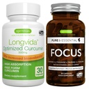 Longvida Lipided Curcumin 500mg + Focus Brain Booster Vegan Bundle, Ultra Bioavailable Curcumin + Caffeine, L- Theanine, Tauine & L- Tyrosin, B- Vitamins, Zinek & Copper, by Igennus