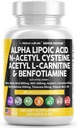 Alpha Lipoic Acid 600mg N- Acetyl Cysteine 600mg Acetyl L- Carnitin 500mg Benfotiamin 300mg - Nerve Supplement pro ženy a muže s vitamínem B1 B6 & B12 - Vyrobeno v USA 90 Caps