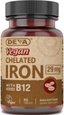DEVA Vegan Chelated železo s přidaným vitaminem B-12, dodatek stravy, 29 mg, 90 Počet
