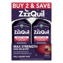 ZzzQuil Liquid Max Strength Pain Reliever, Nighttime Sleep Aid Liquid, Acetaminophen 1000mg, Difenhydramine 50mg HCI, Non- Habit Forming, Black Cherry Flaused, 2 Pack, 24 FL OZ