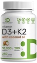 DEAL SUPPLMENT Vitamin D3 10 000 IU + K2 MK7 200mcg Softgels, 250 Počet 124; 2- in-1 komplex s panenským kokosovým olejem