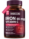Železný doplněk pro ženy Muži, Vysoká potence Železo 65mg s vitaminem C 250mg, Žaludek Friendly Železné pilulky pro červené krvinky a imunitní podporu, Non- GMO & gluten zdarma, 180 Veganové tablety