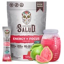 Salud 2- in-1 Energy Drink Powder + Focus, Guava, Organic Caffeine, B6 + B12, Theanine, Clean Energy Drink Packets, Guayaba Agua Fresca Mix, Non- GMO, Gluten Free, Vegan, 1g cukru, (15 Služeb)