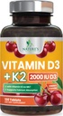 Vitamin D3 K2 2000 IU Plus s K2 (MK-7) 75 mcg - Vitamíny D & K Komplexní dodatek pro kosti, zuby, svalovina, absorpce vápníku, podporuje imunitní a srdeční zdraví, Non- GMO žvýkací vzorec - 120 Tablety