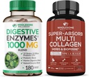 Zdravé Wellness trávicí enzymy 1000MG Plus Prebiotika & Probiotika Dodatek + Super- Absorb Multi kolagen pilulky (typ I II III V X) Organické Byliny a Bioperine Bundle