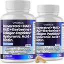 Vitamax Resveratrol NAD + Berberine Hyaluronic Acid - Biotin Grape & Blueberry + NAC - Collagen Peptides - Vlasy, hřebíky, kůže a společné doplňky - 21- in-1 Ženy a muži - Made in USA - 120 Počet