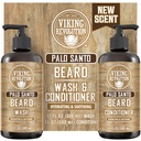 Viking Revolution Palo Santo Beard Wash and Beard Conditioner Set with Argan and Jojoba Oils - Softens and Posilvens - Natural Palo Santo Scent - Beard Shampoo with Ginseng Root Extract (17 oz)