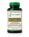 Zelené organické doplňky (Pack-1) Vitamin B12 & kyselina listová, 1000mcg, 90 VCaps, ručně vyrobené, Vegan, Non- GMO, podporuje fungování nervového systému, a integrita kůže, vlasy a játra