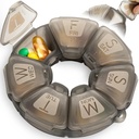 Round Weekly Pill Organizátor, TPU Rubbberized, Cestovní Pill Kontejner 7 Den, se 7 Velké kompartmenty, Skvělé pro denní vitamíny & doplňky, Roztomilý Pill Pouzdro s velkými písmeny a Braille (Grey)