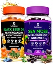 Irish Sea Moss a Black Seed Oil Gummies Bundle - 120 Vegan Gummies Bears - Elderberry pro děti & Dospělí - Nigella Sativa s Ashwagandha & Honey