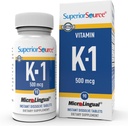 Superior Source Vitamin K1 500 mcg - Doplněk pro podporu kostní síly a zdraví - Doplněk vitamínu K Podporuje krevní zdraví a absorpci vápníku - 100 Sublingvální Rozpouštěcí tablety