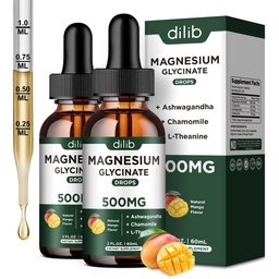 Magnesium Glycinát Tekuté Kapky Dodatek, s Magnesium Glycinát 500 mg Ashwagandha, L - Theanin, Heřmánek -Podpora Stress Relief, Kost, Svalovina, Mood Mango Flavor 2Pack