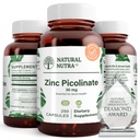 Natural Nutra Zinek Pikolinát 30 mg, Dvojitá síla, Surové a čisté, Vysoce biologicky dostupný doplněk pro růst a imunitní podporu, Pomáhá podporovat metabolický systém, snížení společné studené 250 kapsle