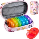 Serfeymi Týdenní Travel Pill Organizátor 2 krát denně PM Upgraded Rainbow Pill Box 7 Day with Portable Zipper PU Leather Pill Case, Medicine Organizer for Pills, Vitamíny, Rybí oleje - Pink 03