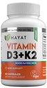 HAYAT Vitamíny Vegan Vitamin D3 + K2 (5000 IU + 100 MCG), Dietní dodatek pro kosti, zuby, svalové a imunitní zdravotní podpora, 2 Měsíční dodávky, Certified Halal, 60 Kapsle, Made in USA