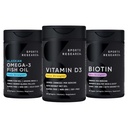 Sports Research Triple Strength Omega 3 Burless Fish Oil 1250mg z Wild Aljaška Pollock, Vitamin D3 5000 IU s Coconut MCT Oil (125mcg) a Vegan Biotin 5000mcg Vitamin B7-30 Softgels