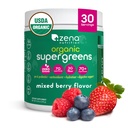 Zena Nutrition Organic Super Green Powder, 70 + Superfoods, 0 Cukr, 3G Fiber, Spirulina, Chlorella, Antioxidanty, Prebiotika / Probiotika, Digestive Enzymes, Smíšené Berry, 30 Služeb
