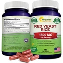 aSquared Nutrition Red Yeast Rice 1800mg - Dietní dodatek Vegan prášek pilulky na podporu kardiovaskulární zdraví - 180 Veggie Kapsle