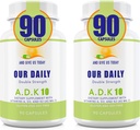 Naše Daily Vites ADK 10 Double Strength (10.000 iu) Vitamíny A1, D3 & K2 (jako MK7) - Lékařská certifikovaná podpora kostního a imunitního systému - Gluten Free, non GMO - 180 Vegetariánské kapsle