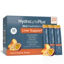 Hydralytová jaterní podpora + Electrolyte Mix s mléčným bodlákem, kurkuma, zázvor, pikantní hruška, extrakt ze zeleného čaje připravený pro rychlou rehydrataci (Peach Passion Ginger, 20 Packets)