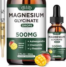 Hořčík Glycinát dodatek, Hořčík Tekuté Kapky s hořčíkem Glycinát 500 mg Ashwagandha, L - Theanin, Heřmánek -Podpora Stress Relief, kosti, svalovina, Mood Vegan přírodní Mango Flavor